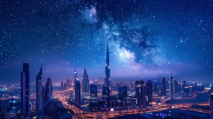 Fototapeta premium A majestic night view of a modern city with skyscrapers reaching for the starlit sky in shades of blue.