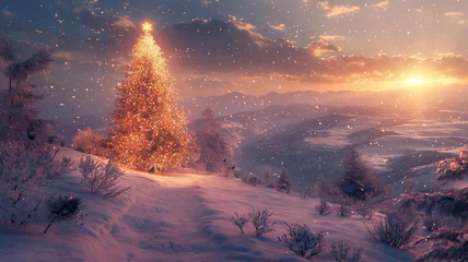 Foto op Canvas A Christmas tree is lit up in a snowy landscape © CtrlN