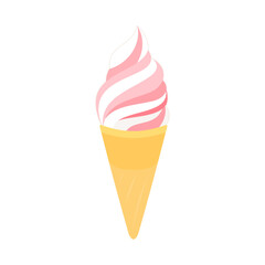 レギュラーコーンに入ったミックス味（イチゴとバニラ）のソフトクリーム。フラットなベクターイラスト。
Soft serve ice cream with mixed flavors (strawberry and vanilla) in a regular cone. Flat vector illustration.