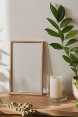 Create a minimal-style frame mockup image showcasing 1 frame, 1 white candle, 1 plant on a wooden table.  