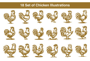 18 set of chicken illustrations design template for logo, branding, mascot, icon & merch