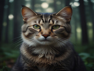 A beautiful cat with a double exposure of a forest