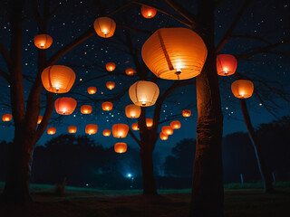 A beautiful night sky is filled with glowing paper lanterns The lanterns are lit from within and they cast a warm and inviting glow