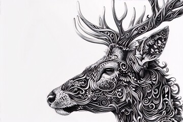 Ornate monochrome deer head profile; black and white intricate design evokes elegance and serenity.
