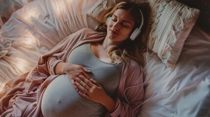 Pregnant woman listening to music with headphones lying in bed at home.