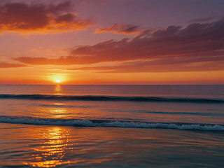 A beautiful sunset over a calm sea The sky is a gradient of orange and pink and the sun is a bright yellow