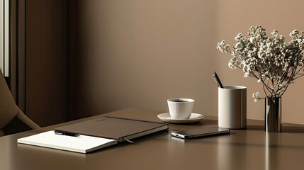 create me a luxury dark beige mockup with a , notepad, cellphone, pen and mug sitting on a luxury brown desk 
