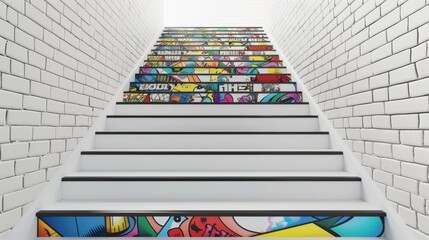 Blank mockup of a pop art inspired staircase with comic book style images. .