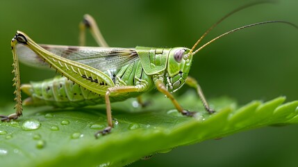 Vibrant Macro Photograph of a Grasshopper Perched on a Dewy Green Leaf with Intricate Textures and Details