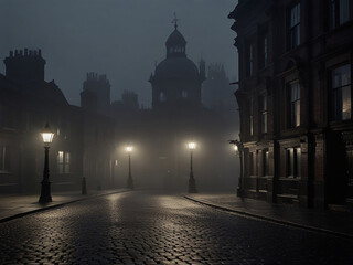A dark and foggy street in a Victorian city The gas lamps are lit and the street is empty except for a few people walking in the distance