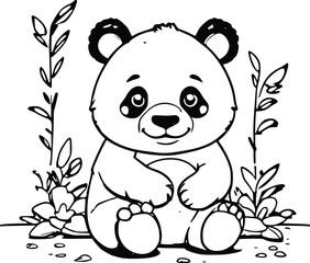 Cute panda sitting outline doodle cartoon illustration. Bold and easy coloring book page activity for kids and adults. Created with Generative AI