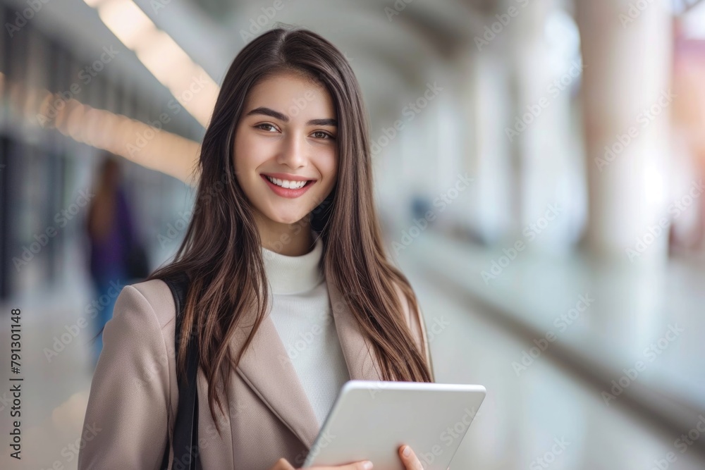 Wall mural Woman is smiling and holding tablet