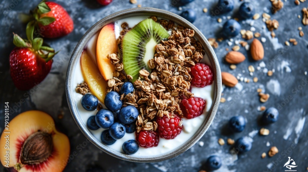 Sticker Bowl of fruit and granola with blueberries, raspberries, and kiwi