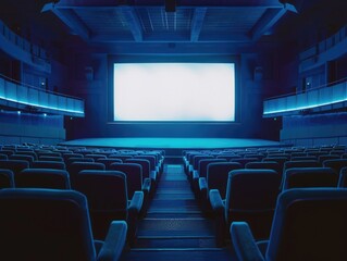 Fototapeta premium Movie theater with blue screen and empty seats