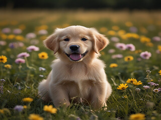 Cute golden retriever puppy sitting in a field of flowers The puppy is looking at the camera with a happy expression on its face