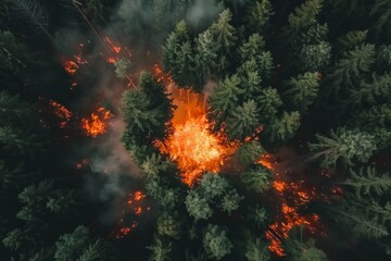 Fototapeta na wymiar Wildforest fire burning forest trees eecological disaster smoke aerial view from helicopter danger death animals damage hazard blaze pollution tragedy