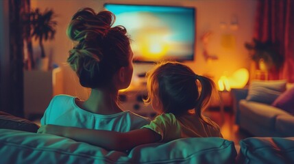 Family movie night. A mother and her daughter are watching TV together on the couch.