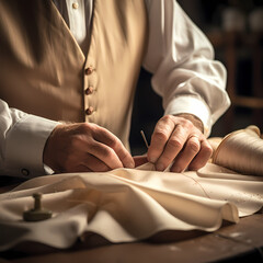 Close-up of a tailors hands sewing fabric.