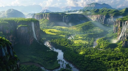 A serene meandering river cutting through a verdant valley, flanked by towering cliffs adorned with...