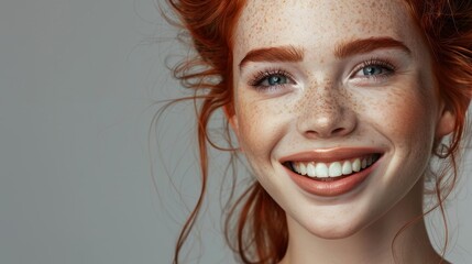 Place for text. Beautiful young red-haired girl smiling on a gray background. Banner for advertising dentist, cosmetologist services, discounts and promotions. - obrazy, fototapety, plakaty
