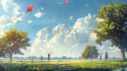 A serene morning at a local park, with colorful kites soaring high in the sky and families enjoying the simple pleasure of flying them together. - obrazy, fototapety, plakaty