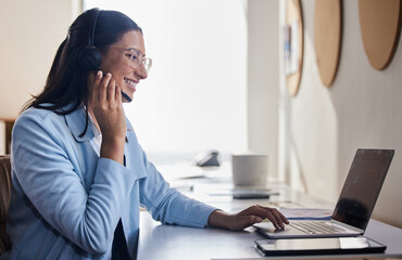 Call center, smile and woman with laptop in office for telemarketing, ecommerce and communication....