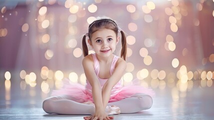 Obraz na płótnie Canvas Little ballerina in a pink tutu sits on the floor and smiles, surrounded by a myriad of twinkling lights in the background, evoking a sense of wonder and enchantment.