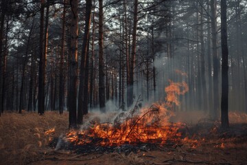 Wildforest fire burning forest trees eecological disaster smoke aerial view from helicopter danger death animals damage hazard blaze pollution tragedy