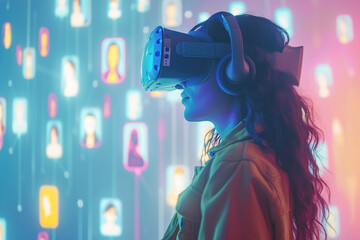 VR Headset, 3D avatars with 3D people faces around her, Woman Enters Digital Internet 3D Universe with Avatars. Next Generation Immersive Social Media.