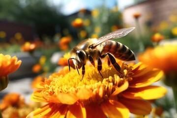 Bee at Work: Capture a bee or butterfly on a flower near the garden decoration.