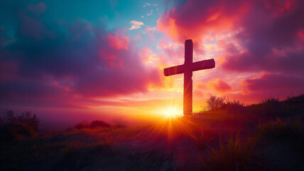 A cross is standing in a field with a sunset in the background