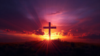 A cross is lit up in the sky with a sunset in the background