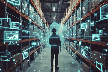 Futuristic Technology Retail Warehouse: Worker Doing Inventory Walks when Digitalization Process Analyzes Goods, Delivery Infographics in Logistics, Distribution Center.