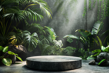 A large, round stone structure with a lush green jungle surrounding it