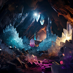 Crystal caves with glowing gemstones. 