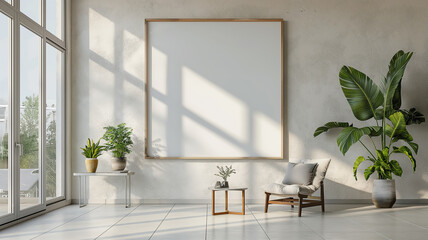 A large white wall with a picture frame and a potted plant