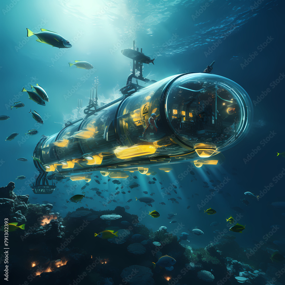 Poster Deep-sea exploration with futuristic submarines. 