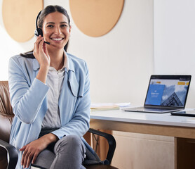 Call center, smile and portrait of woman in office for telemarketing, consulting or communication....
