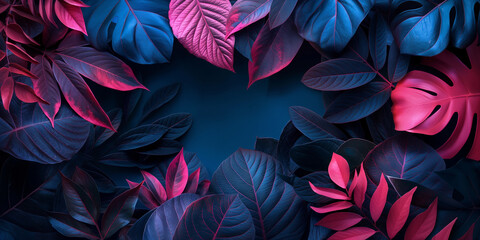 A blue background with pink and purple leaves