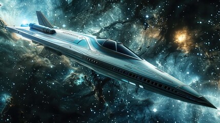 A sleek, futuristic spacecraft soaring through the cosmos, with advanced propulsion systems and...