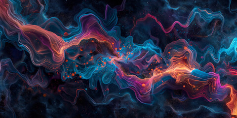A colorful, swirling galaxy of blue, red, and purple - obrazy, fototapety, plakaty