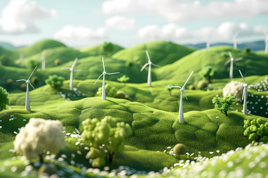 3d illustration of grass hills with wind turbines and trees