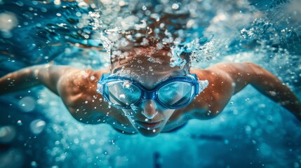 Fototapeta premium Person swimming in pool wearing goggles