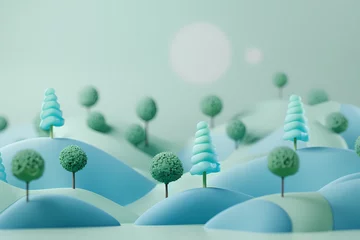 Fotobehang a cute blue and green landscape made from small plasticine bushes © Asep