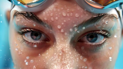 Closeup of a female swimmer goggles propped on her forehead as she celebrates winning a gold medal at an international competition. Despite being told that women are not built for . - obrazy, fototapety, plakaty