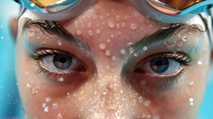 Fotobehang Closeup of a female swimmer goggles propped on her forehead as she celebrates winning a gold medal at an international competition. Despite being told that women are not built for . © Justlight