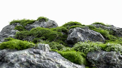 Fototapeta na wymiar Rocks Covered by Moss Isolated on White Background. Stone Rock with Plant 