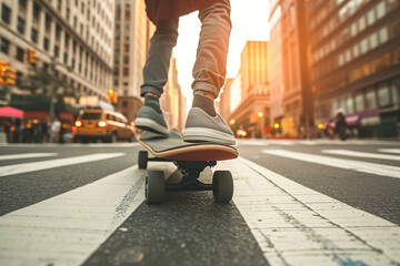 Electric Skateboard with built-in electric motors for propulsion. Skateboard in motion on a big city street.
