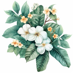 A painting of a tropical flower bouquet with a white background