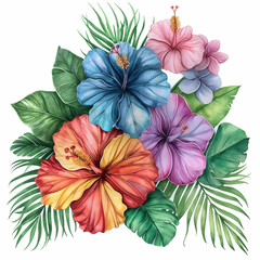 A painting of a tropical flower bouquet with a white background